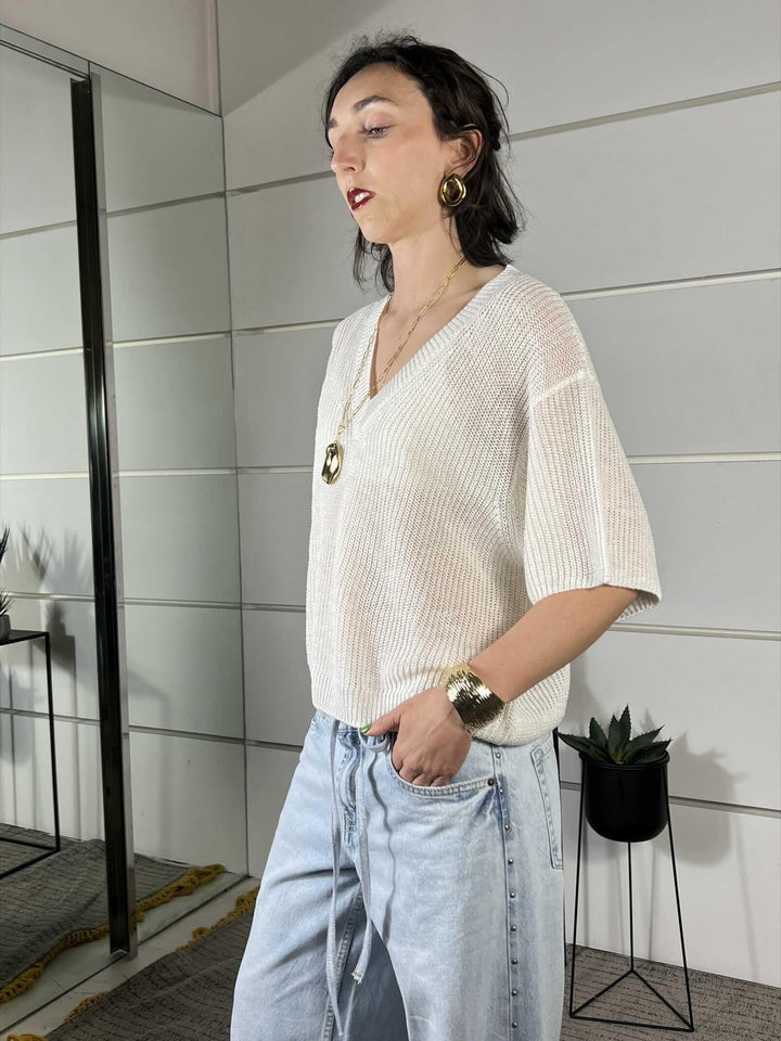 maglia panna con scollo a v manica a 3/4 misto viscosa XL25265PANNA TENSIONE IN