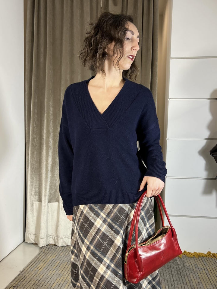 maglione scollo a v 100% lana blu WL785AI25BLU TENSIONE IN