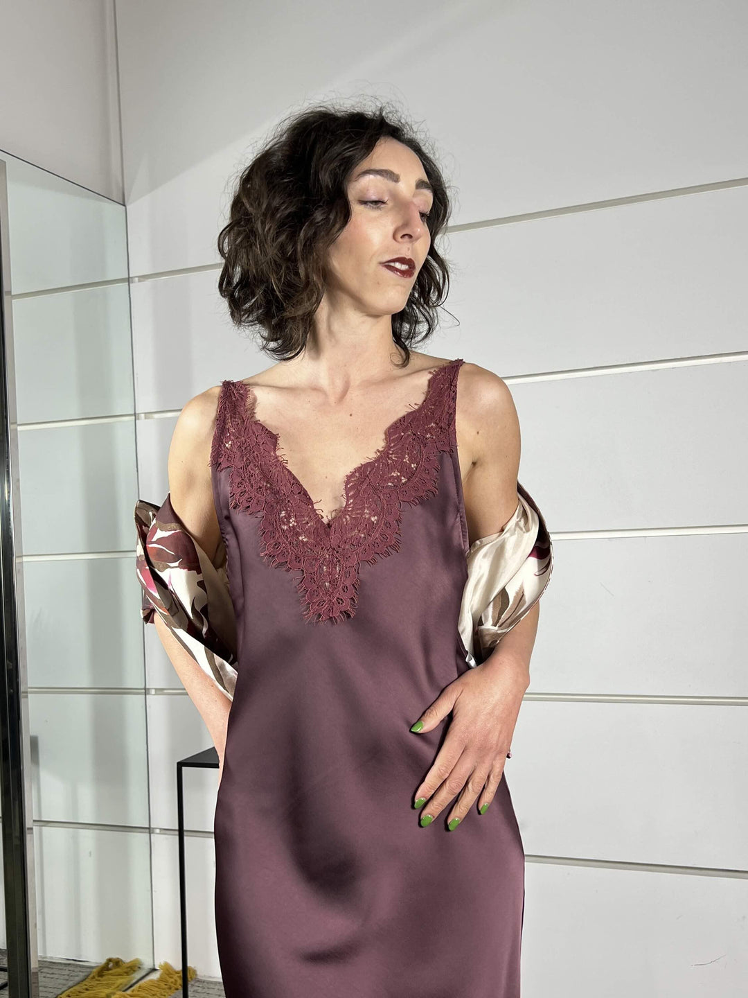 abito lungo satin con inserto in pizzo cipolla 38960CIPOLLA TENSIONE IN