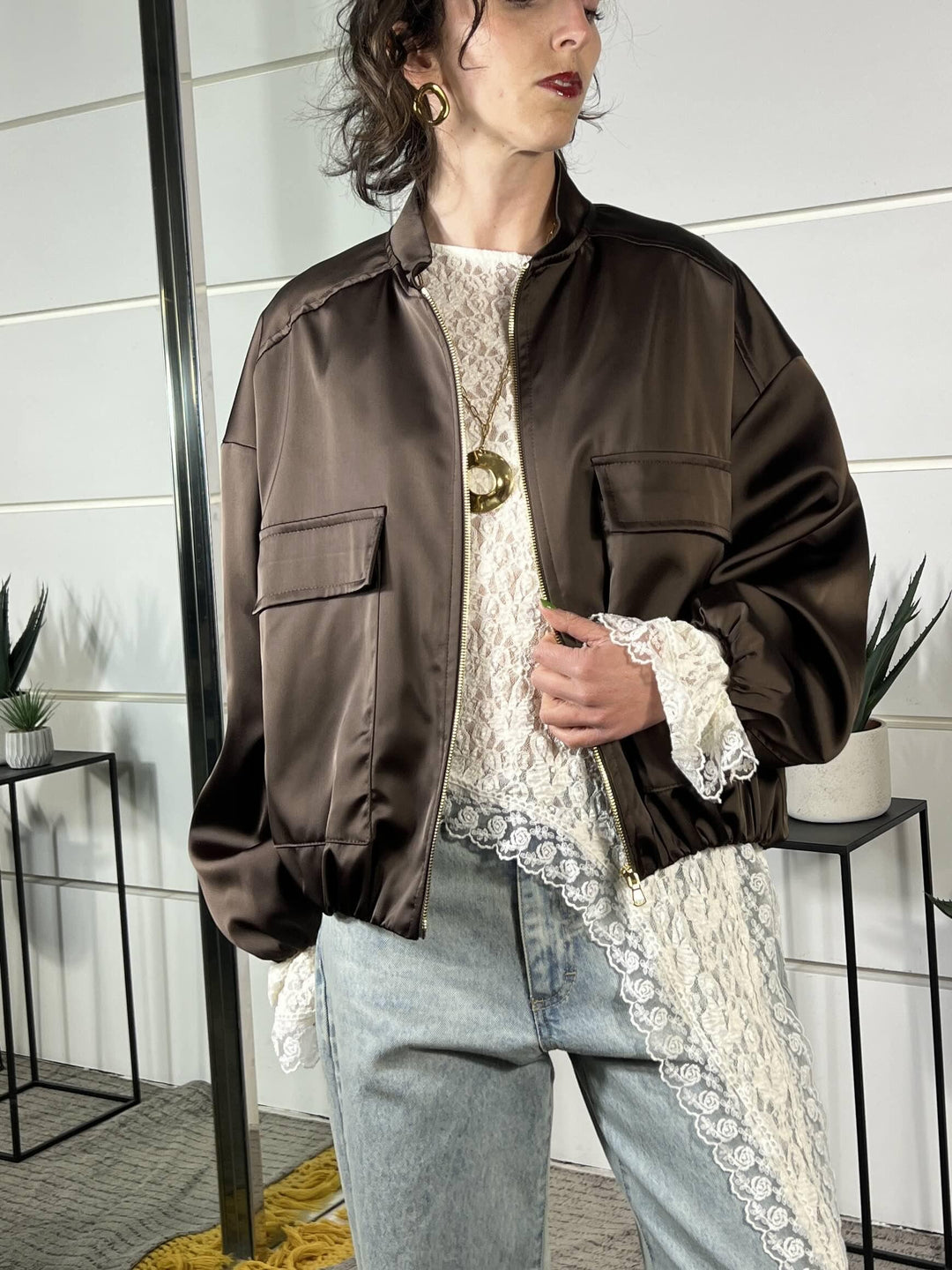 bomber con tasca satin cioccolato TAB0623CIOCCOLATO VICOLO