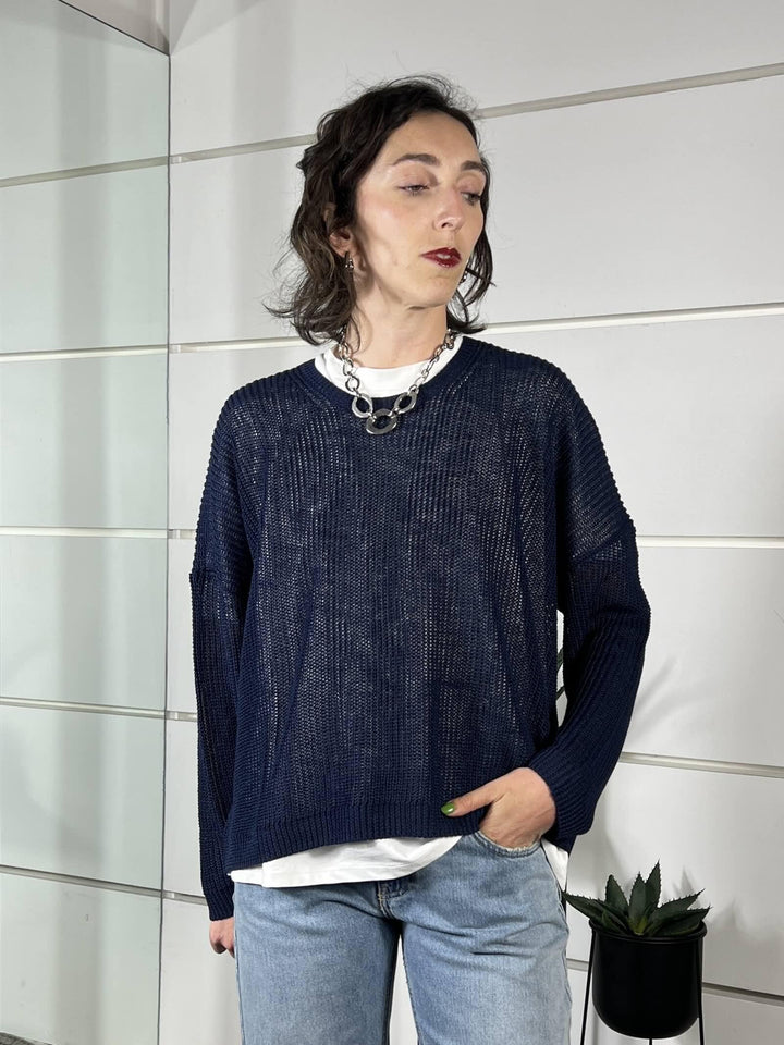 maglia blu girocollo manica lunga over misto viscosa XL25267BLU TENSIONE IN