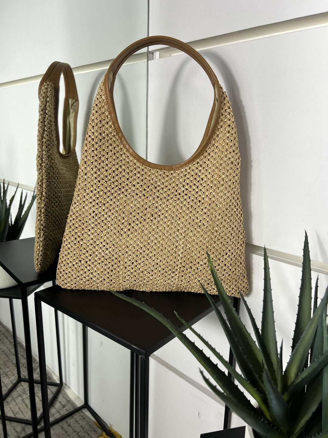 borsa a spalla in rafia naturale con inserti in pelle RF-B0182NATURALE FEMME CAFE SELECTION