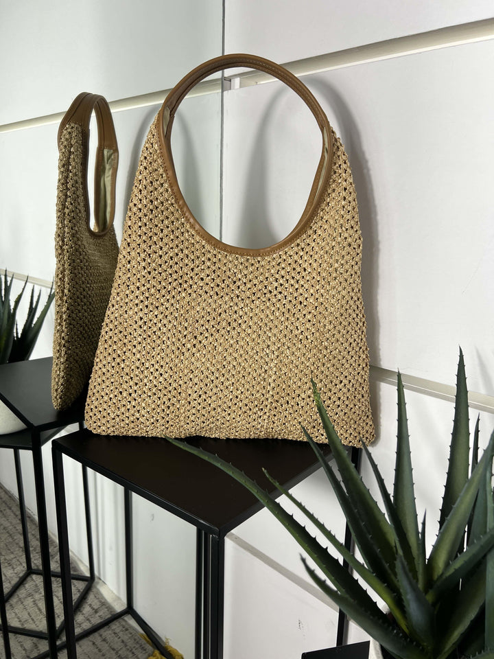 borsa a spalla in rafia naturale con inserti in pelle RF-B0182NATURALE FEMME CAFE SELECTION