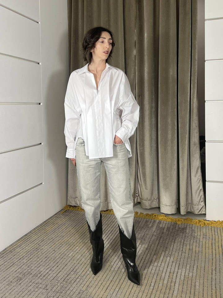 camicia latte con dettaglio pieghe in vita, CVS-Q037LATTE HAVE ONE