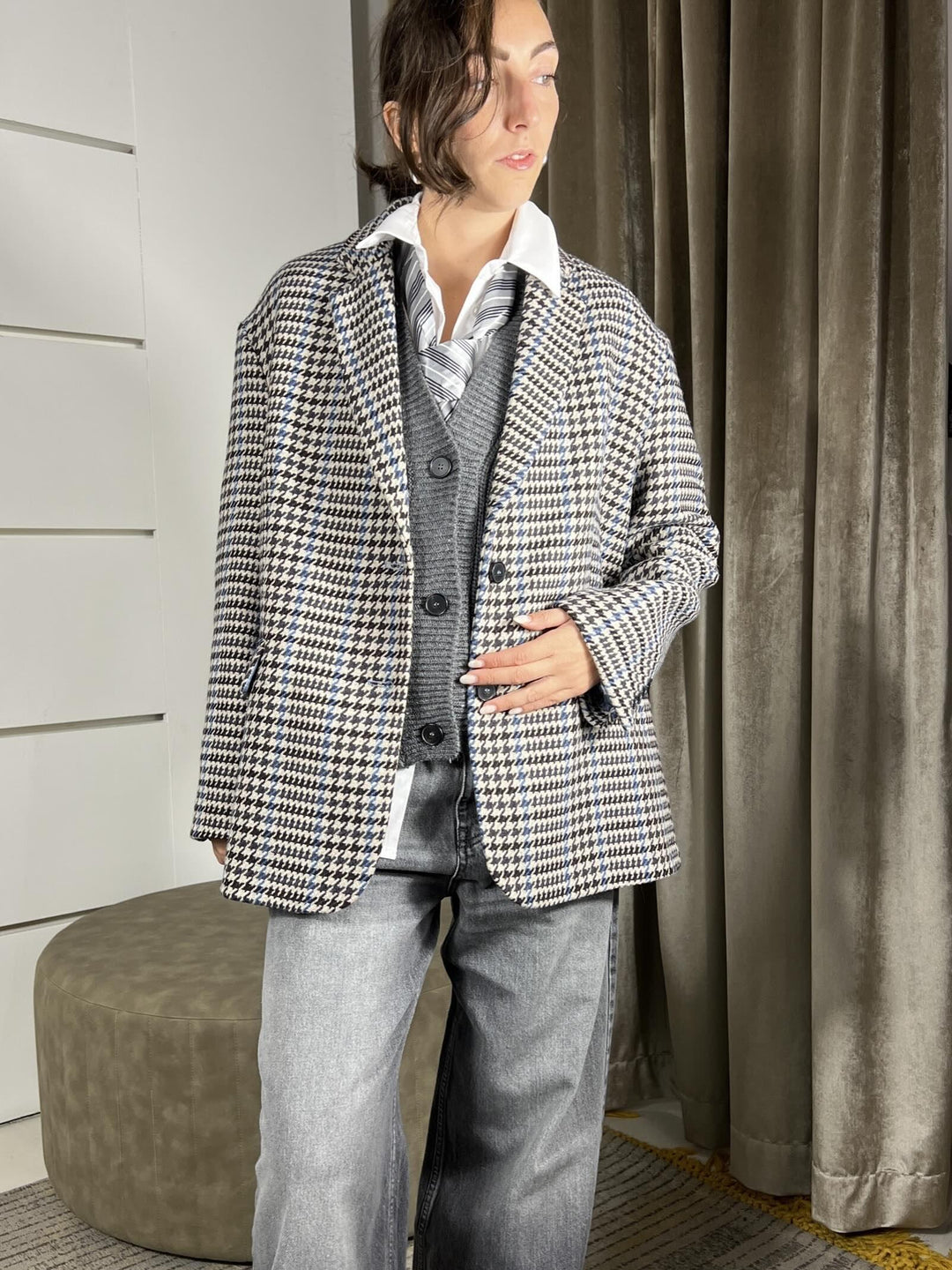 GIACCA CAPPOTTO PIED DE POULE TF0891BURRO/MORO/CELESTE VICOLO