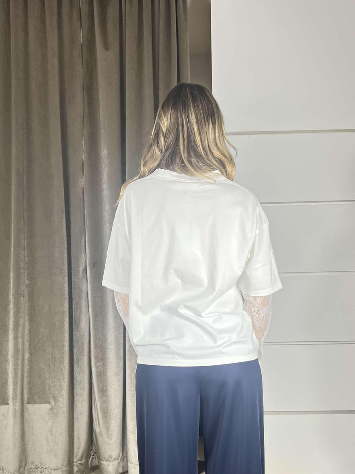 t-shirt  manica corta con manica in pizzo latte 11073LATTE SUSY MIX