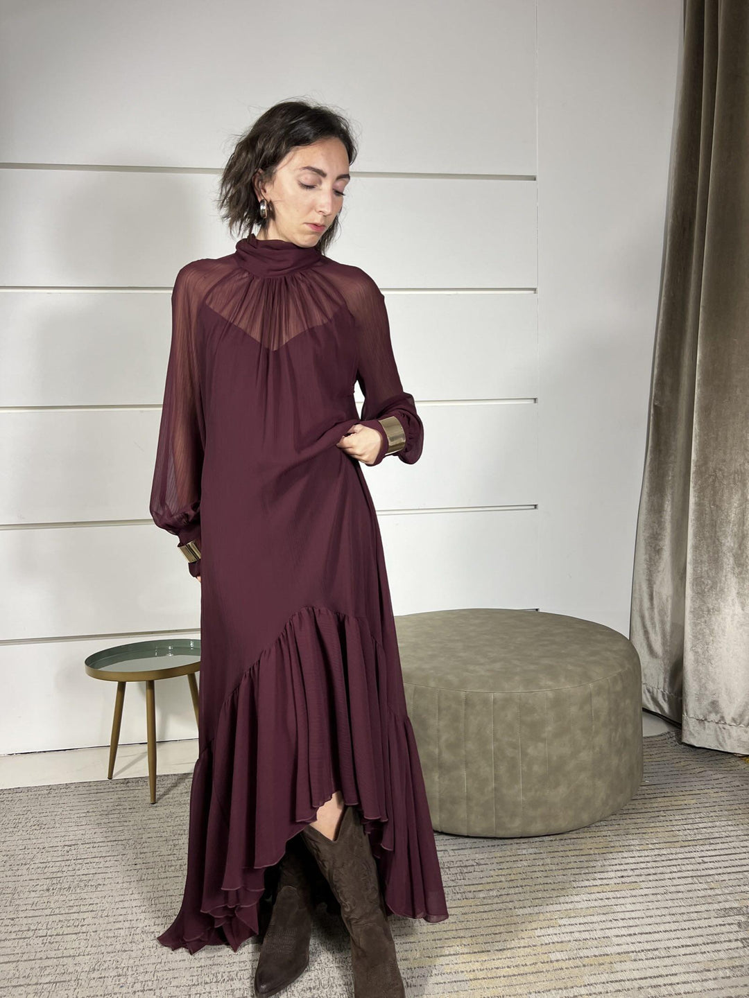 abito lungo con balza e semitrasparenza vino D01E0188VINO PHILIA LOFT