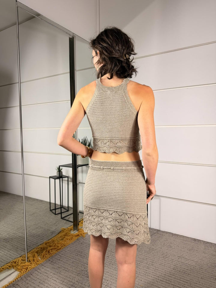 completo crochet top e gonna corta sabbia A1552SABBIA SPICY CAFE