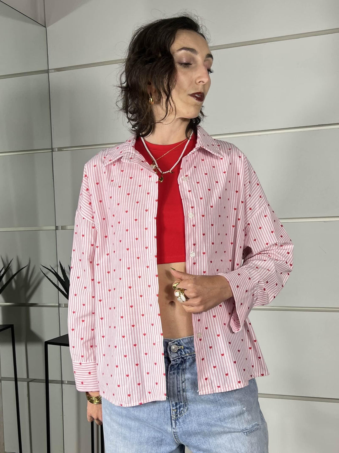 camicia a righe bianca e rosa con cuori rossi 0065CUORI/ROSA SPICY CAFE