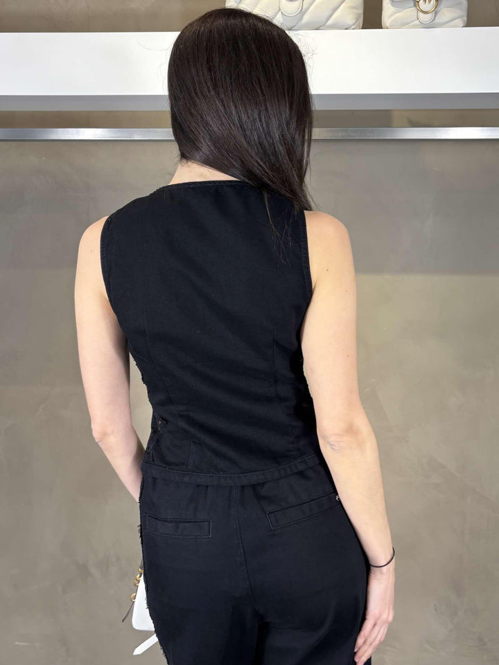 gilet in denim nero con inserti in pizzo GARDENERZ99 PINKO