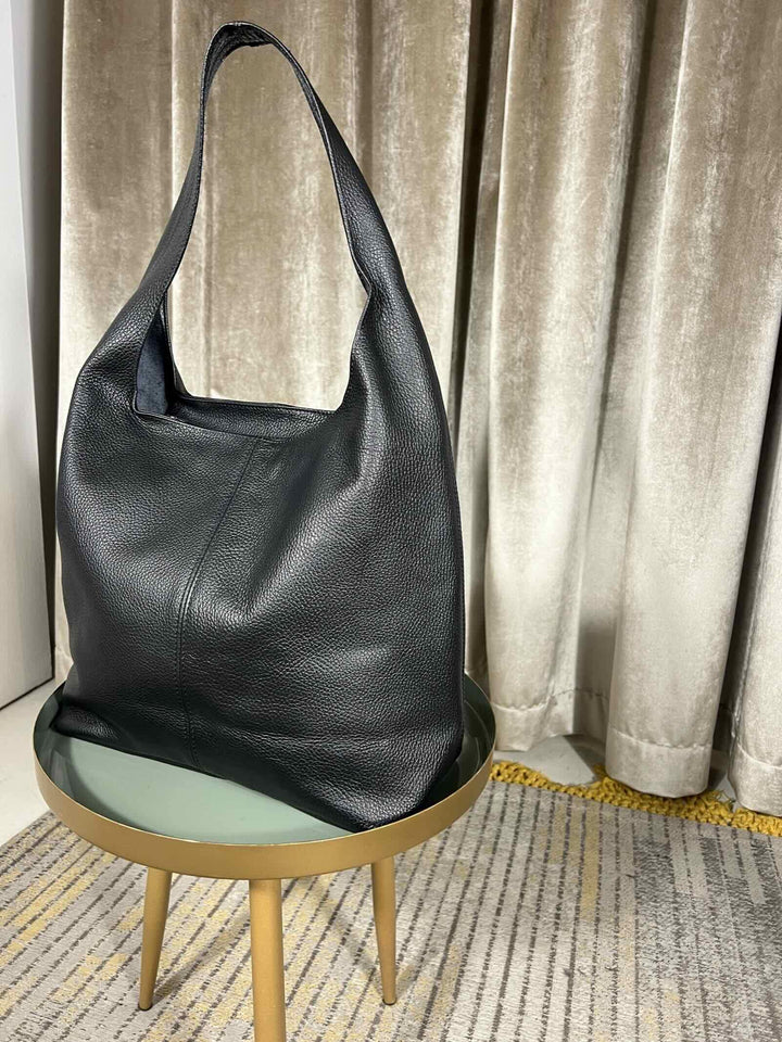 borsa a spalla in vera pelle con zip nera 5978NERO FEMME CAFE SELECTION