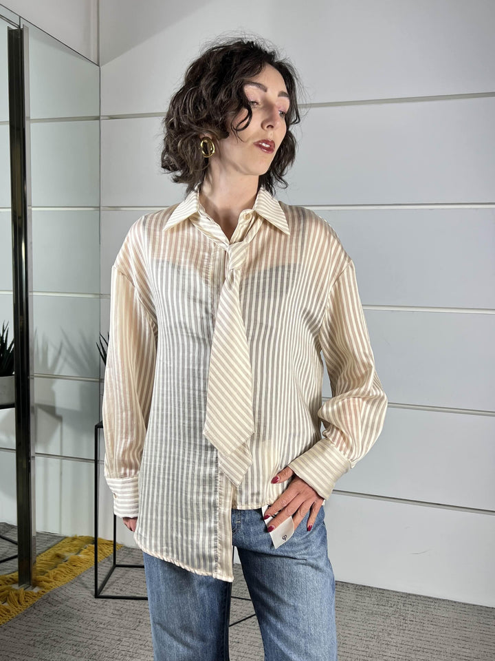 camicia gessata con cravatta beige PE260115BEIGE TENSIONE IN