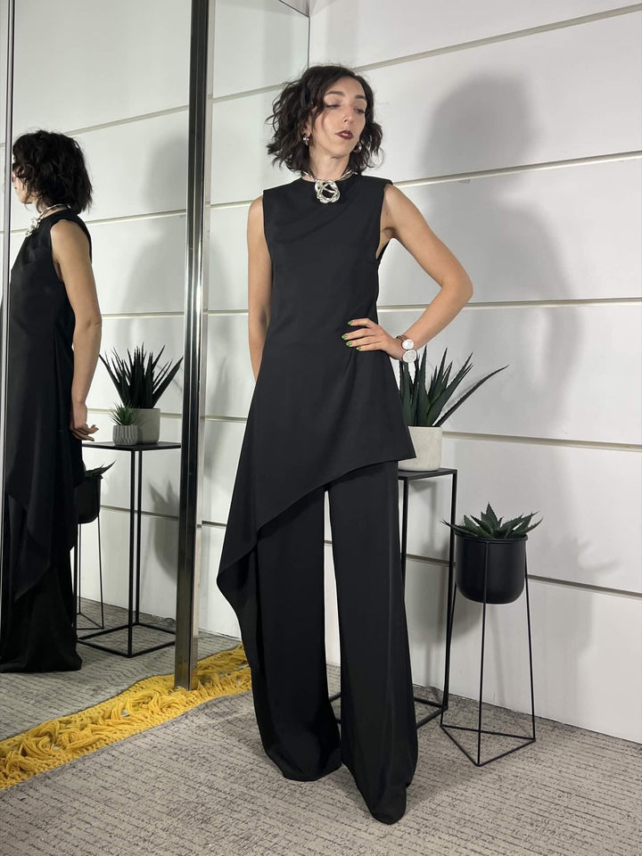 completo blusa asimmetrica e pantalone a palazzo nero SM215ANERO SUSY MIX
