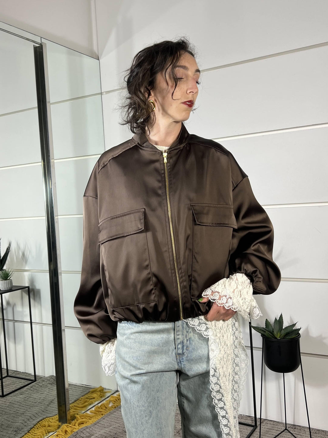 bomber con tasca satin cioccolato TAB0623CIOCCOLATO VICOLO