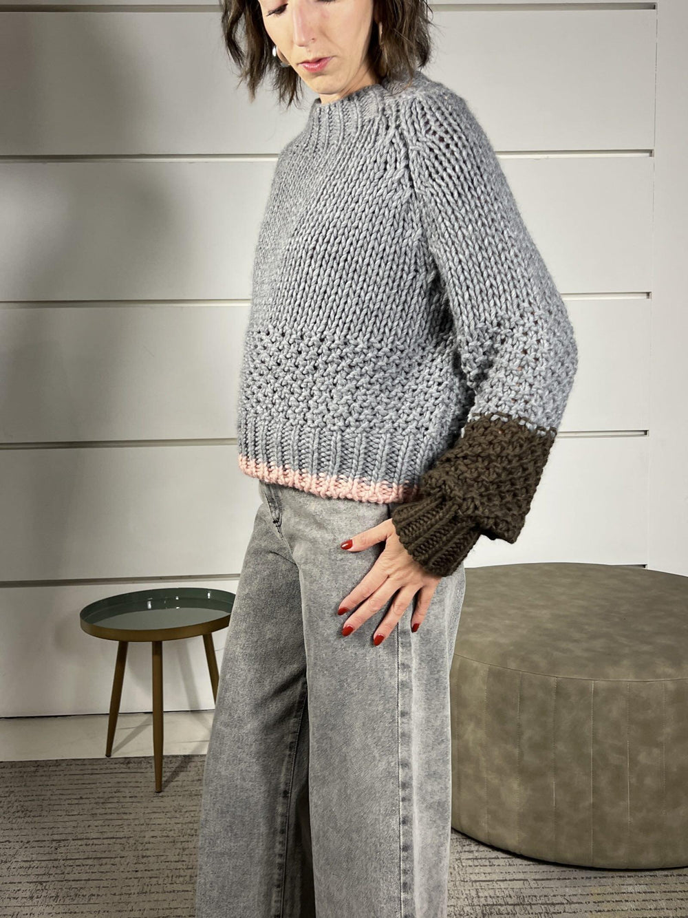 maglione grigio con bordo nel fondo a contrasto in misto lana 95573GRIGIO SUSY MIX