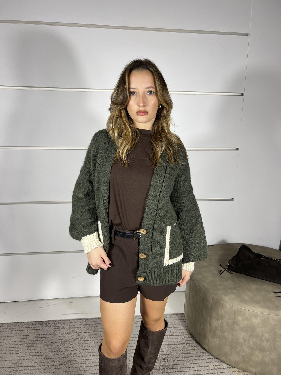 cardigan over militare con tasche bicolore burro JIT-P023MILITARE HAVE ONE