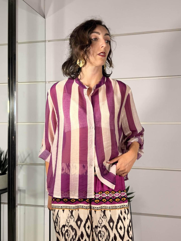 camicia a righe burro e viola in mussola  CVS-Q422RIGA BURRO/VIOLA HAVE ONE