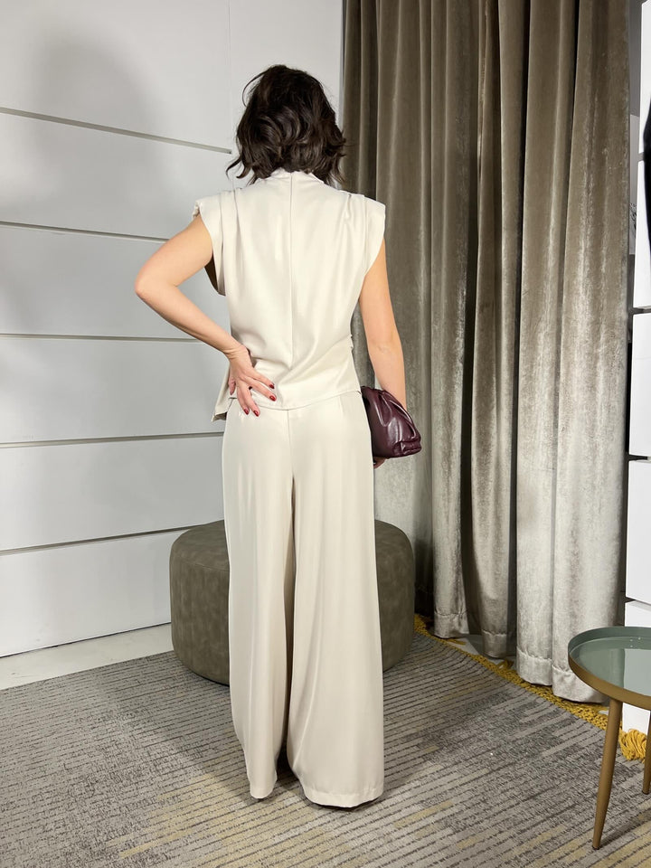 completo top con arricciatura e  pantaloni a palazzo beige PP258T52BEIGE SUSY MIX