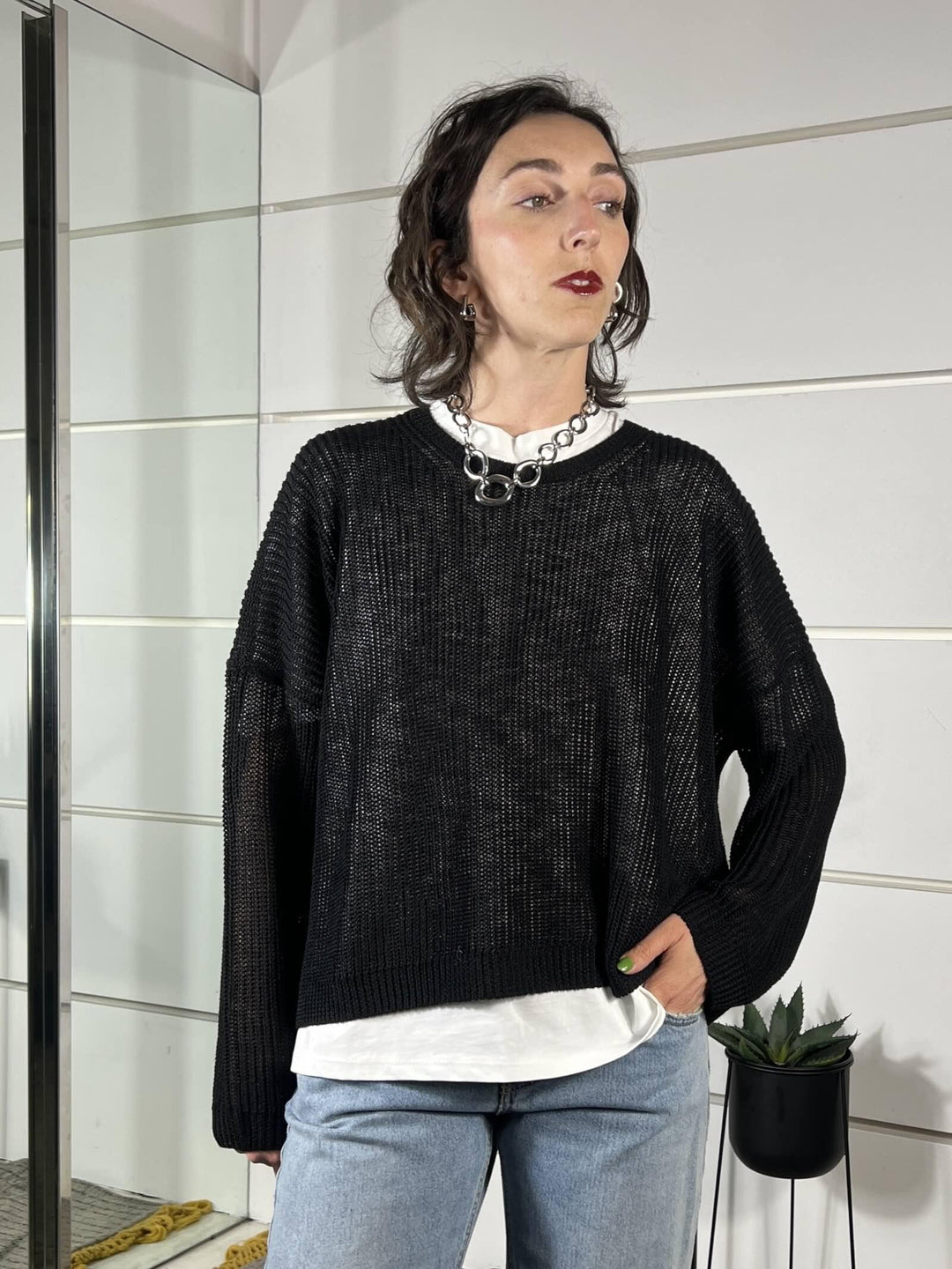 maglia nera girocollo manica lunga over misto viscosa XL25267NERO TENSIONE IN