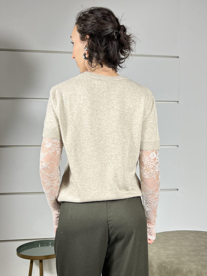 maglia sabbia con manica in pizzo 22199FSABBIA VICOLO