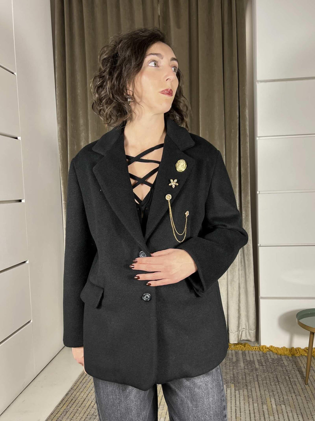 giacca cappotto over con spille rimovibili TF2012NERO VICOLO