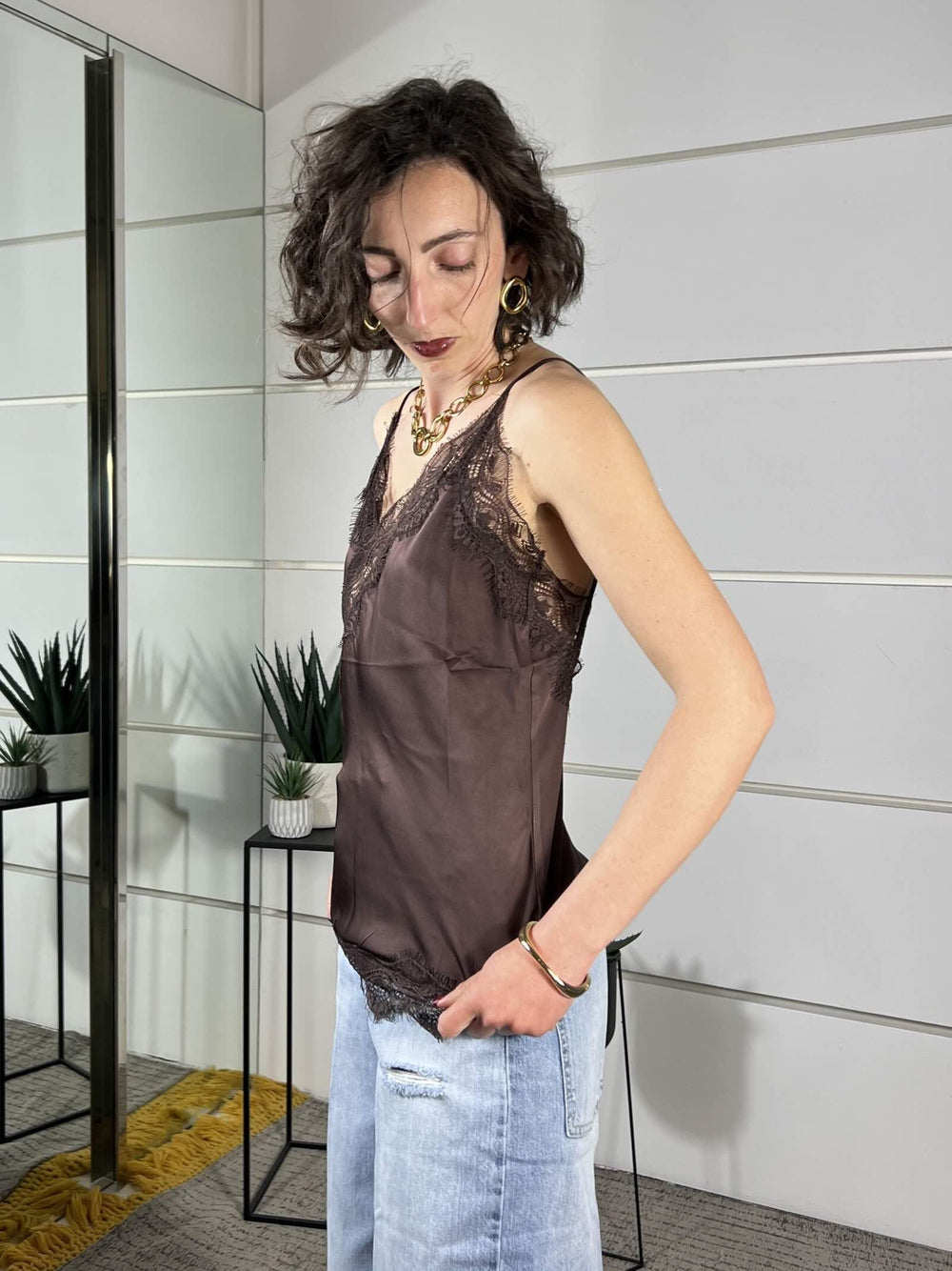 top satin con pizzo in viscosa moro 12013MORO SUSY MIX