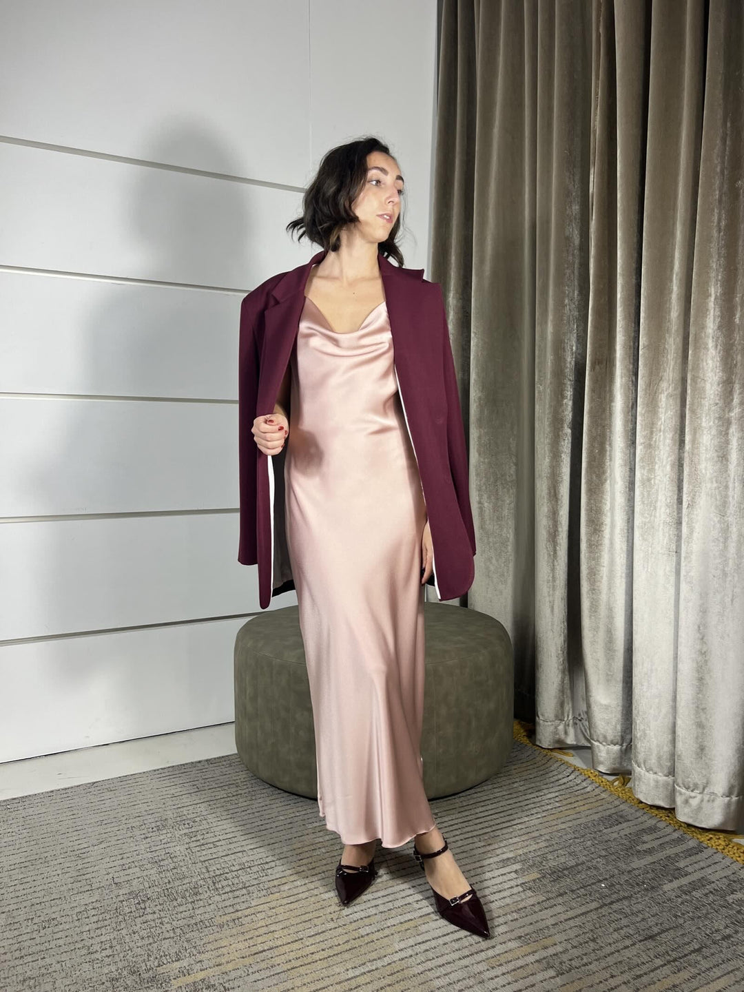 set giacca over bordeaux e abito lungo satin cipria  HFW-P010BORDEAUX/CIPRIA HAVE ONE