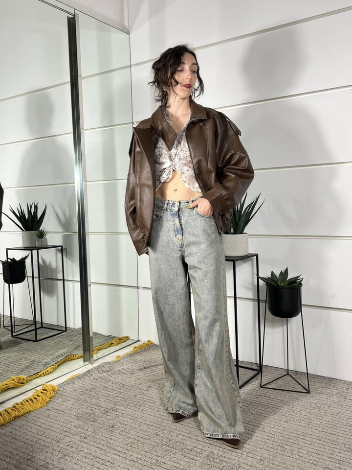 bomber in ecopelle collo alto con patta martellato moro 39025MORO TENSIONE IN
