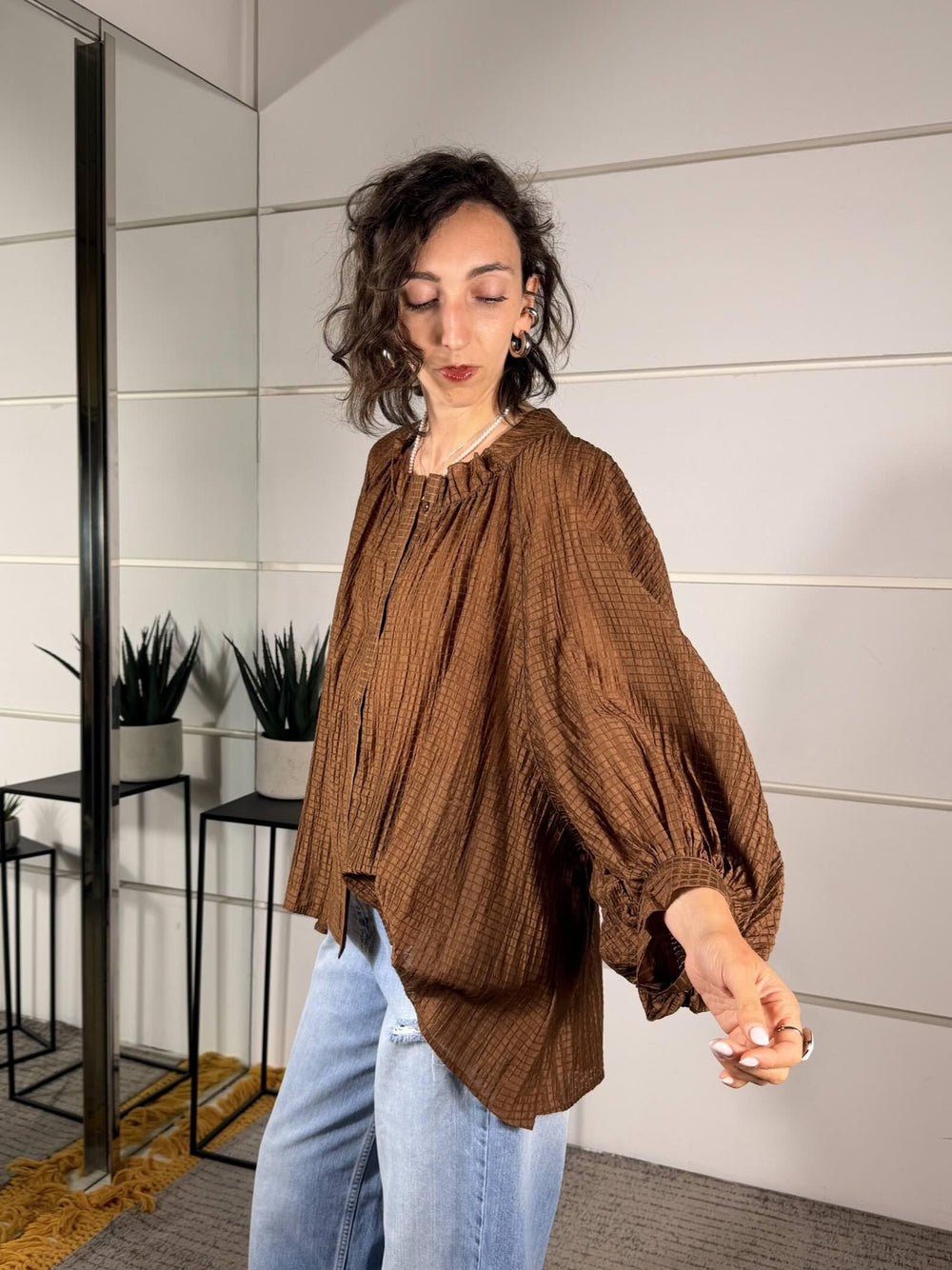 camicia moro over con scollo alla coreana W5948MORO SPICY CAFE