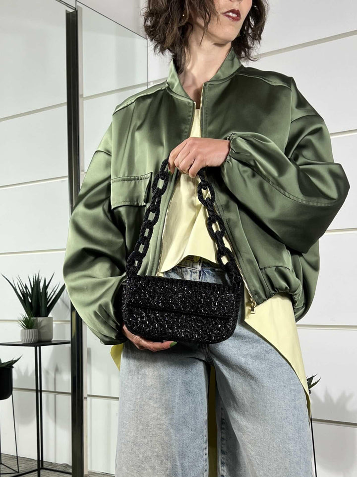 borsa a pochette con perline e tracolla nera BO1400NERO SUSY MIX