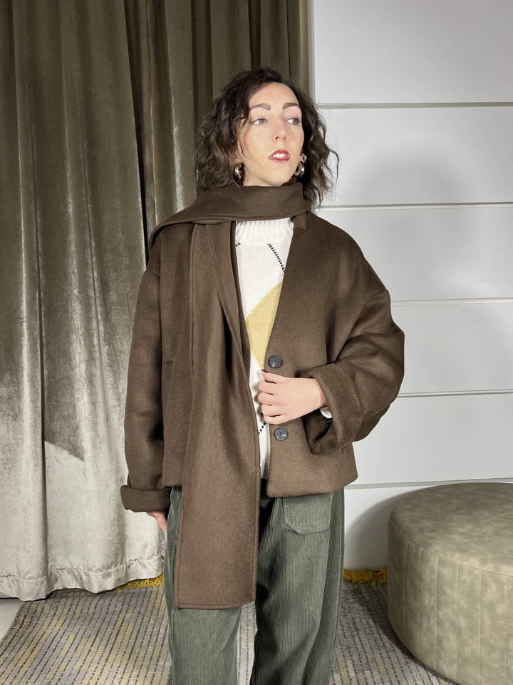 cappotto corto moro con sciarpa integrata  V01A0933FONDENTE PHILIA LOFT