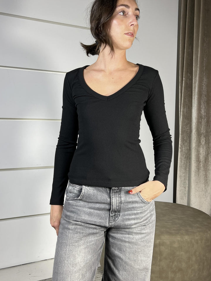 t.shirt scollo a v manica lunga a costine nera UF0038NERO VICOLO