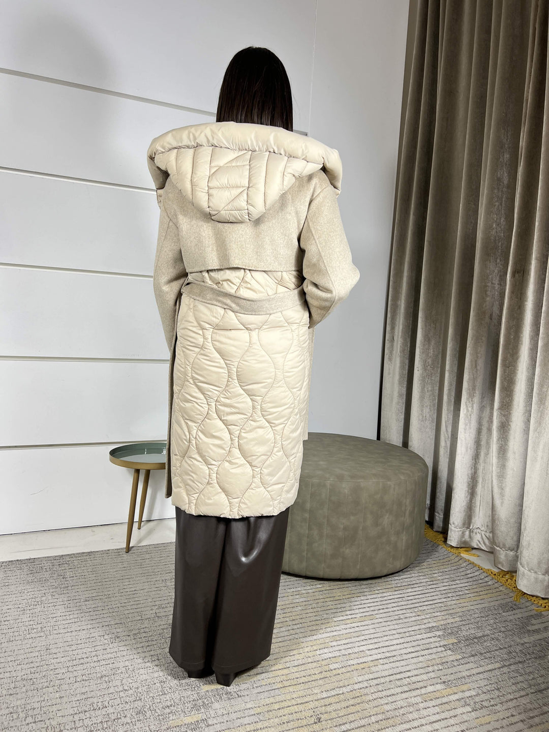 cappotto beige con inserti in piumino con cinta 50% lana hand made TF0028BEIGE VICOLO