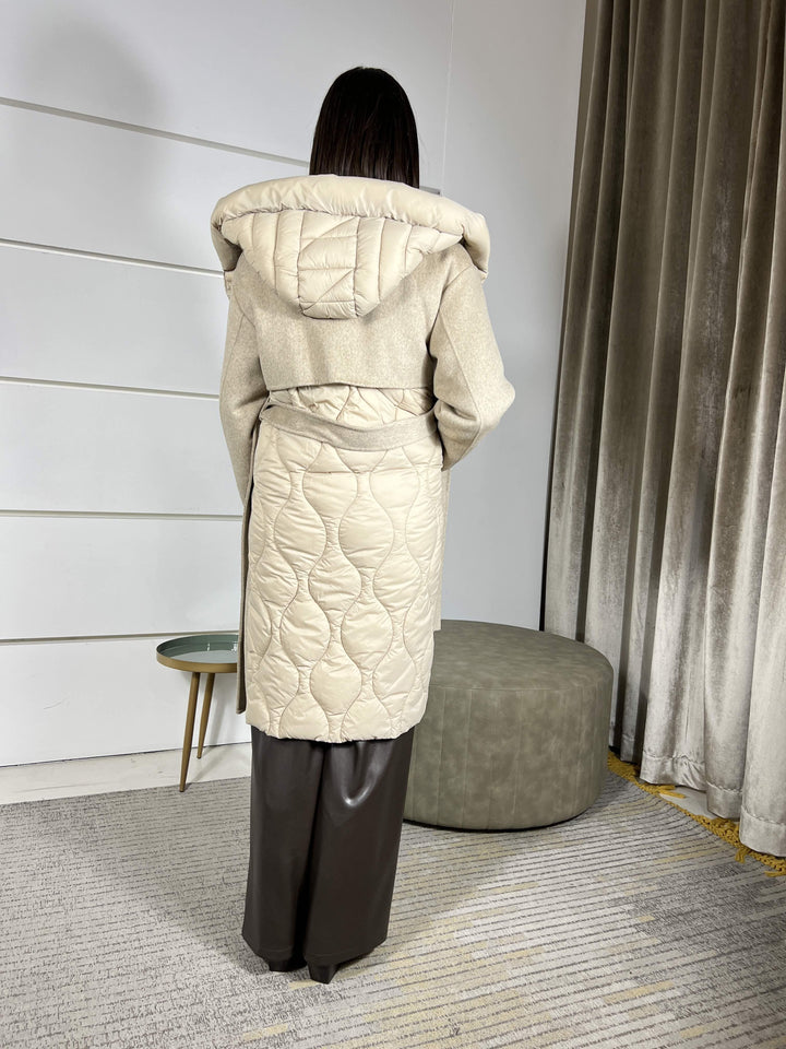 cappotto beige con inserti in piumino con cinta 50% lana hand made TF0028BEIGE VICOLO