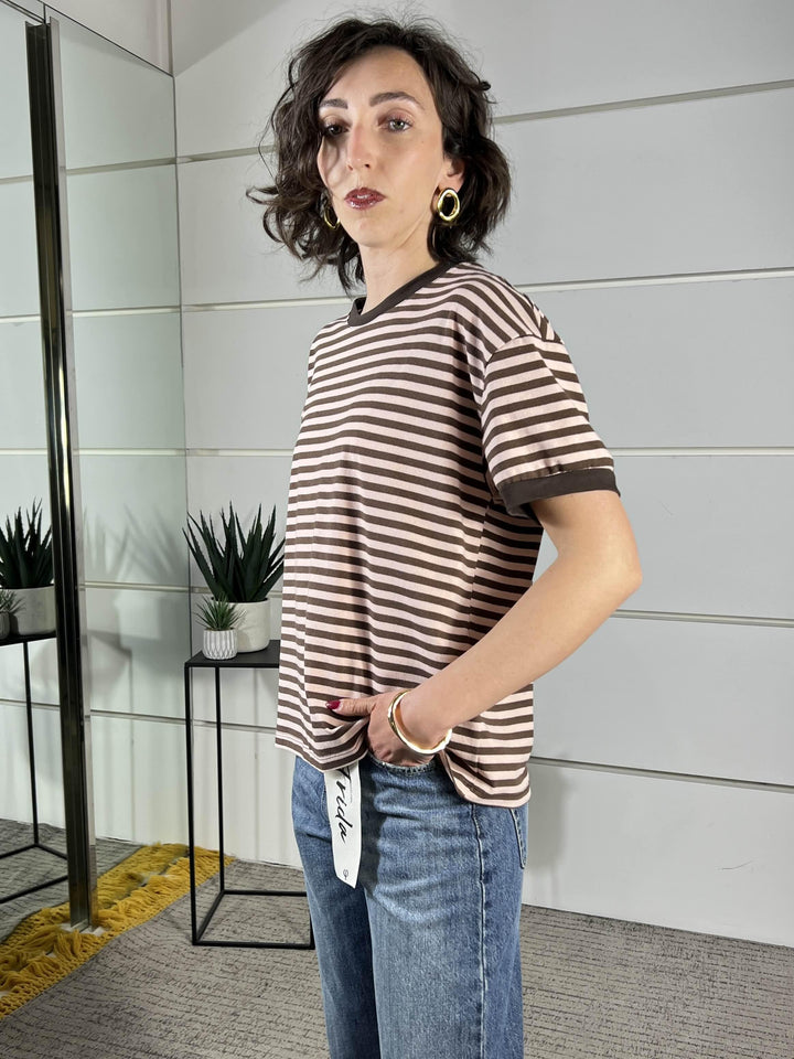 t-shirt girocollo a righe, manica corta rosa e moro 26M4121ROSA/MORO TENSIONE IN