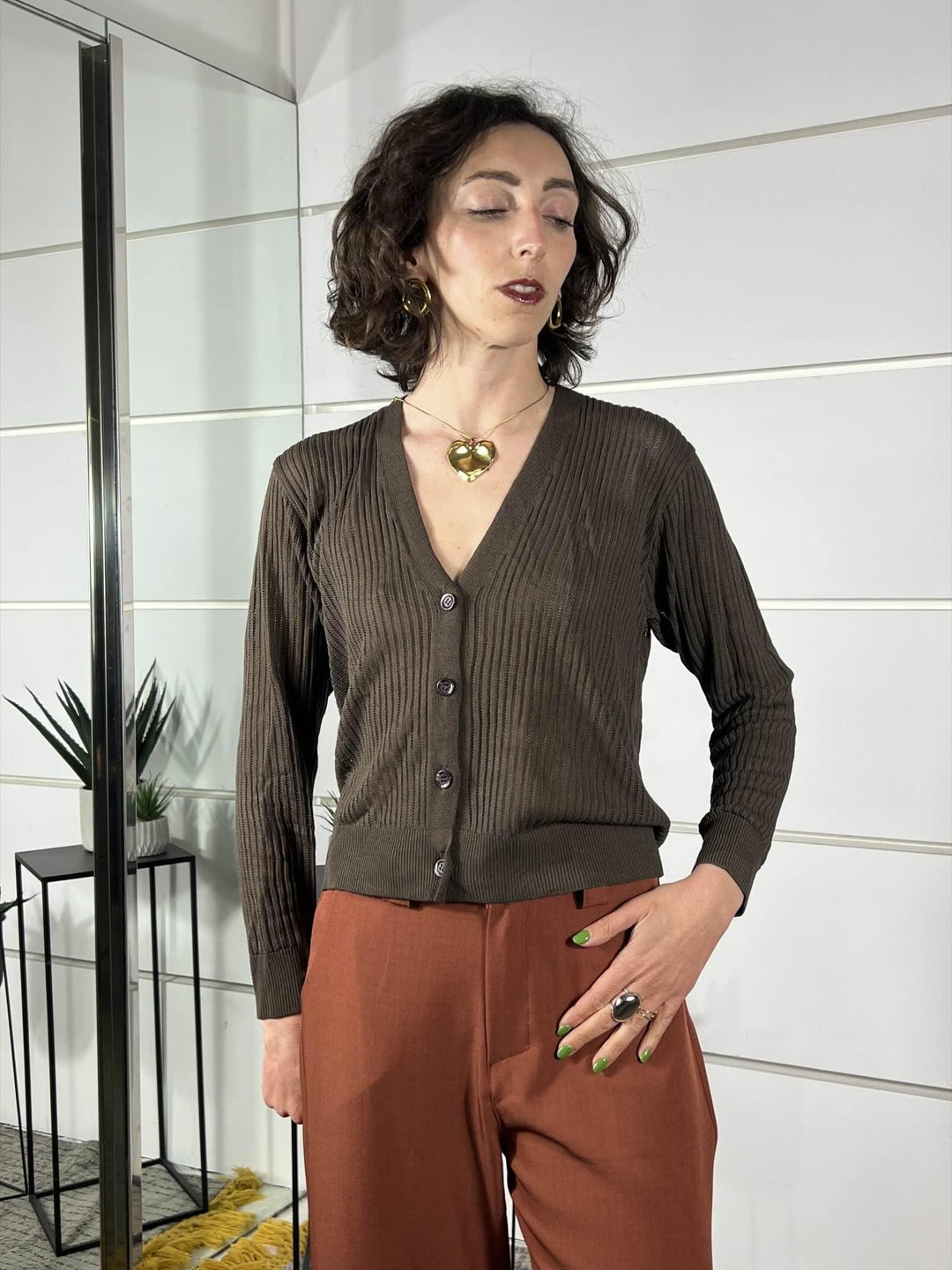 cardigan traforato scollo a v moro in viscosa 61211MORO SUSY MIX