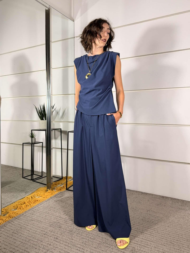completo blusa arricciata e  pantaloni blu in modal PP385T387BLU SUSY MIX