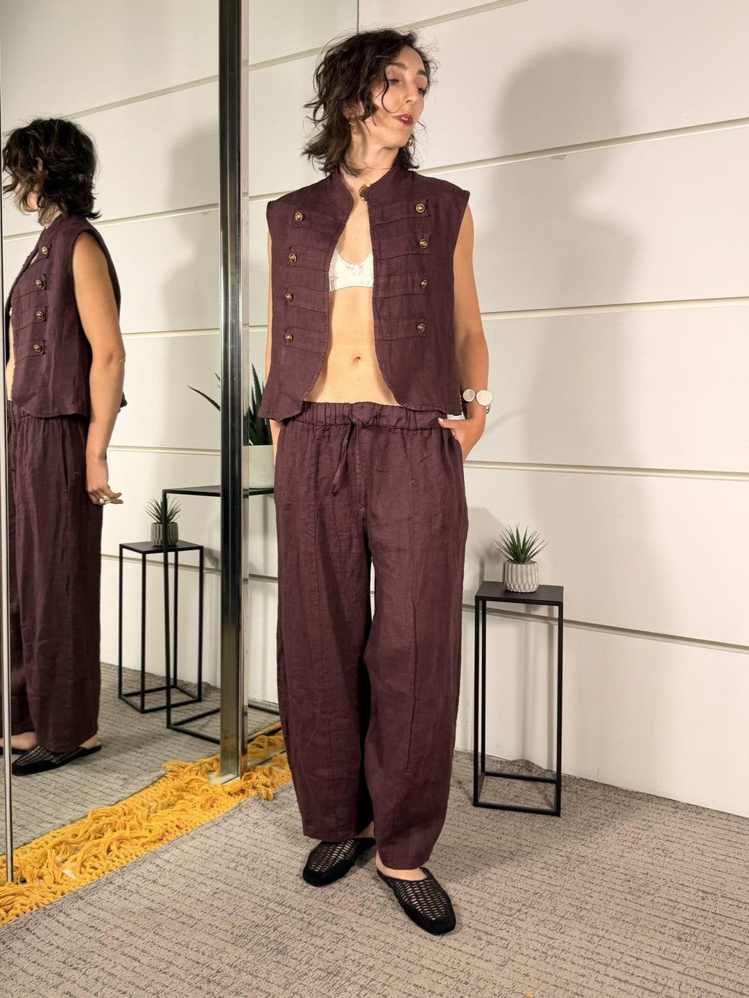 pantalone barrel 100% lino con elastico in vita e coulisse prugna 6128PRUGNA SPICY CAFE