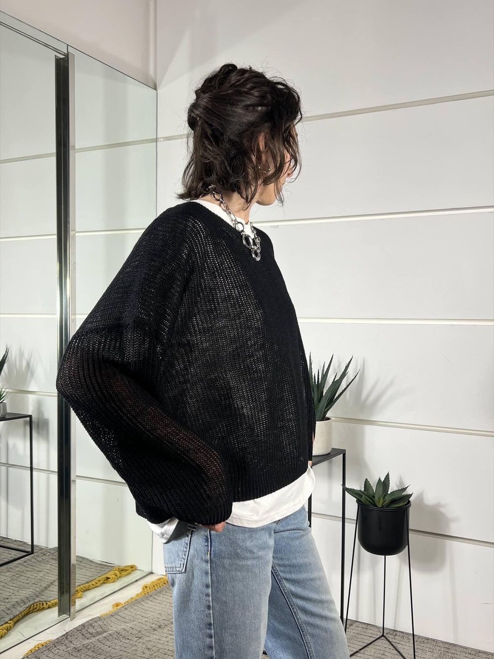 maglia nera girocollo manica lunga over misto viscosa XL25267NERO TENSIONE IN