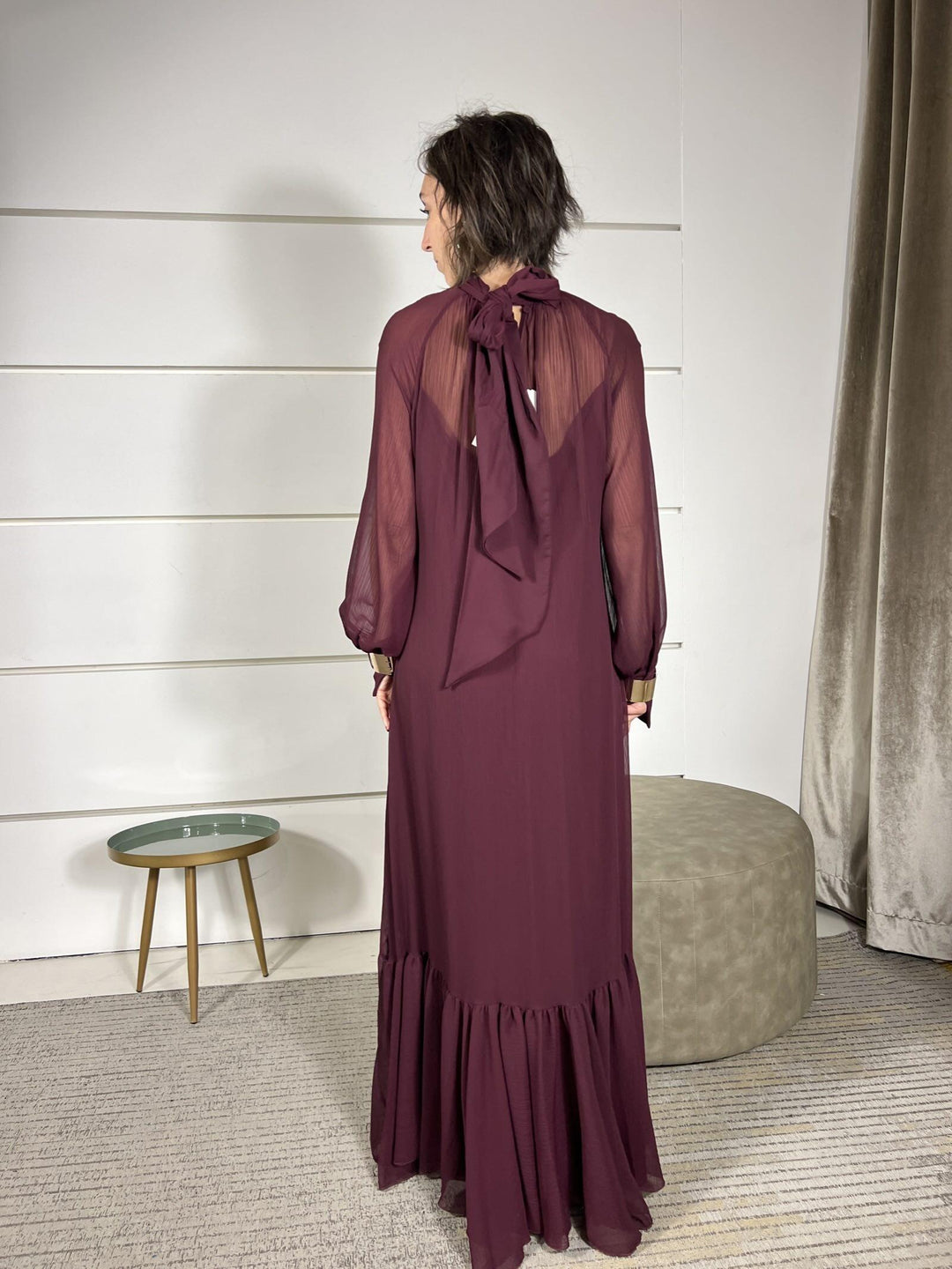 abito lungo con balza e semitrasparenza vino D01E0188VINO PHILIA LOFT