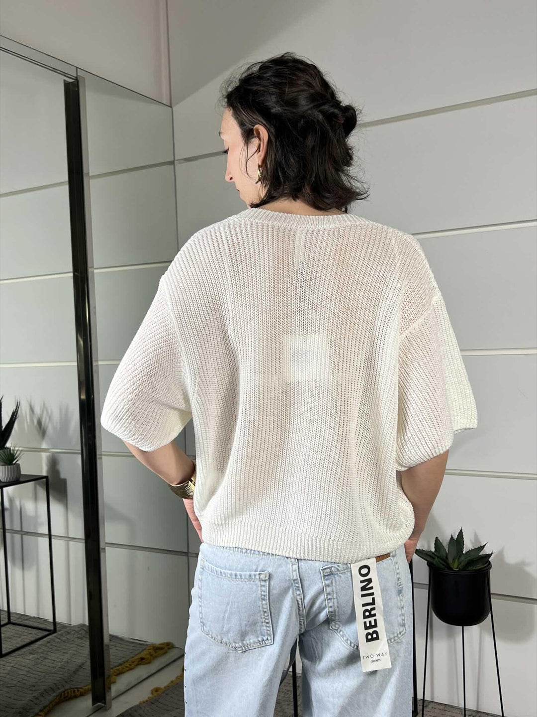 maglia panna con scollo a v manica a 3/4 misto viscosa XL25265PANNA TENSIONE IN