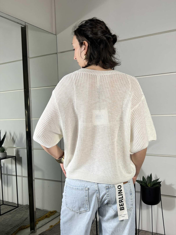 maglia panna con scollo a v manica a 3/4 misto viscosa XL25265PANNA TENSIONE IN