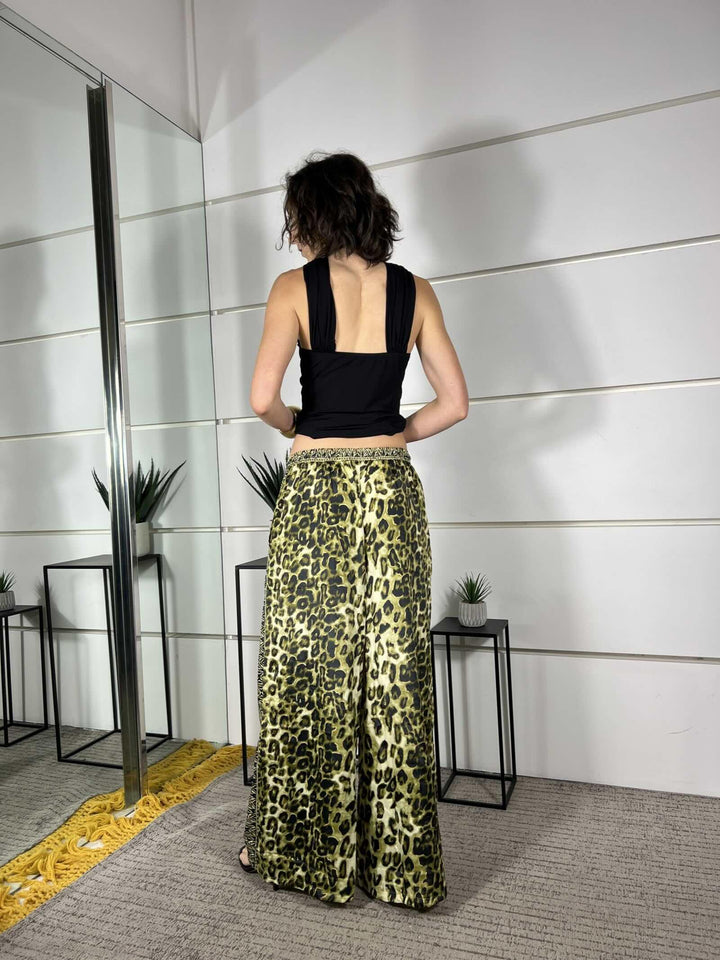 pantalone a palazzo fantasia maculata verde e nera in misto seta A002MACULATO VERDE SPICY CAFE