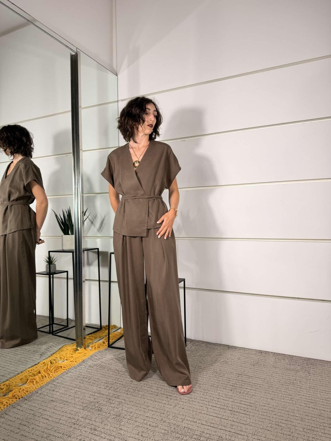 completo moka giacca kimono e pantalone a palazzo 3073MOKA SUSY MIX