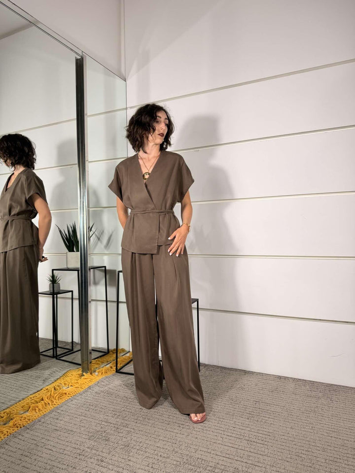 completo moka giacca kimono e pantalone a palazzo 3073MOKA SUSY MIX