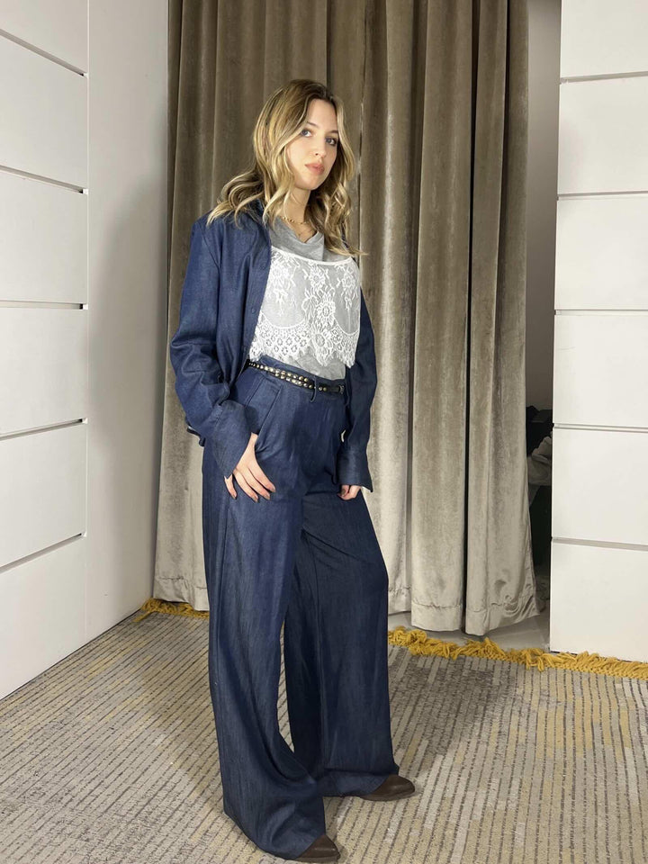 pantalone in denim ampio con cinta e pinces 121PE26BLU TENSIONE IN