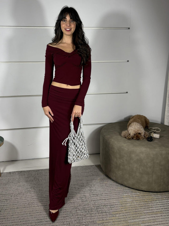 GONNA LUNGA IN JERSEY CON SPACCO BORDEAUX 2G1032J333M536 PATRIZIA PEPE PREVIEW