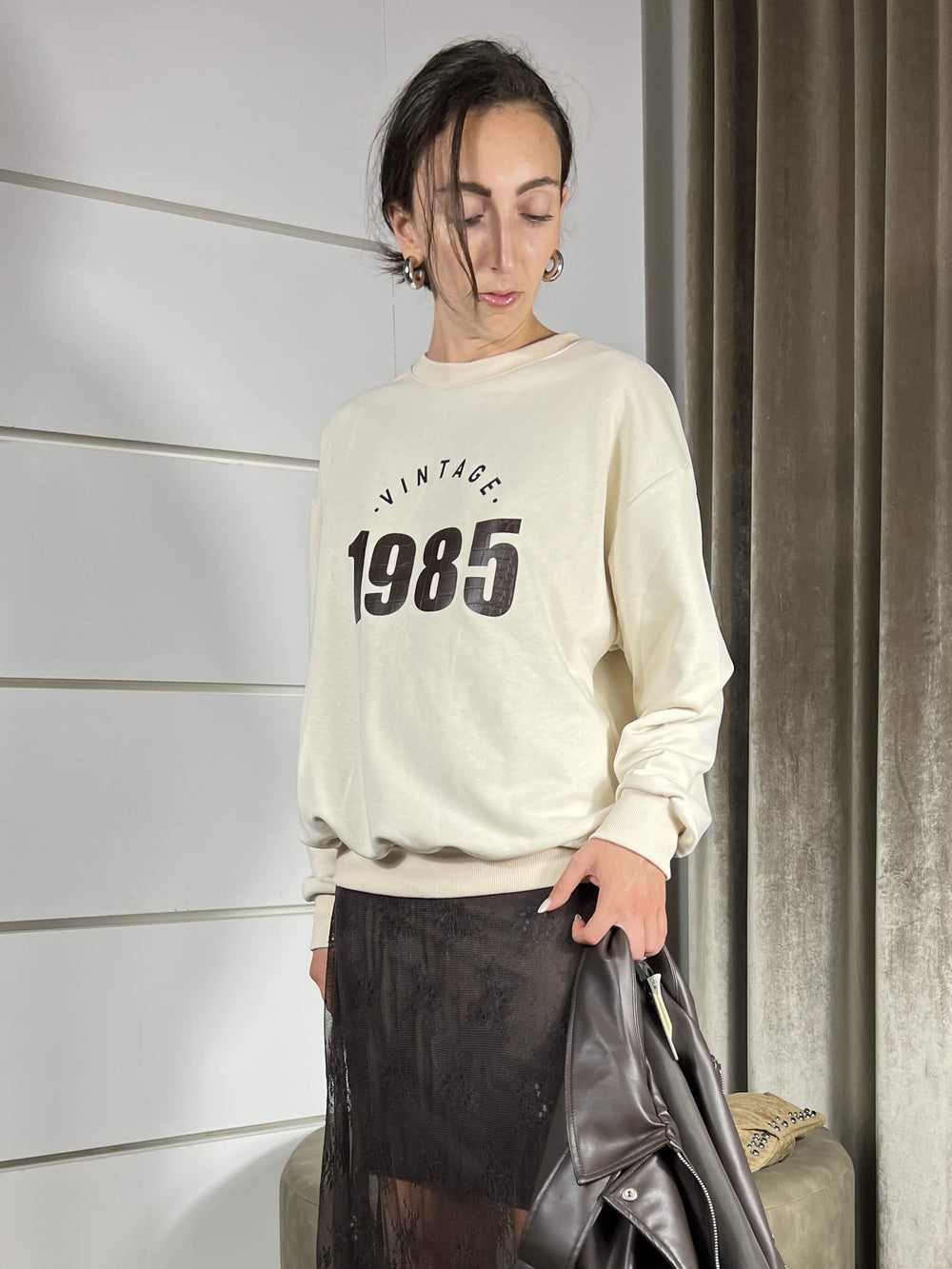 FELPA BURRO GIROCOLLO CON STAMPA 1985 SH002514CREMA SUSY MIX