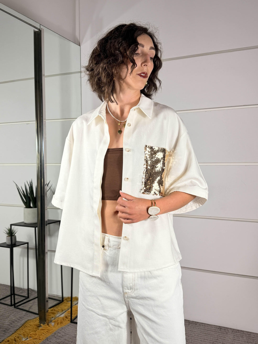 camicia bianca con tasca con paillettes oro 26C5144ORO/BIANCO TENSIONE IN