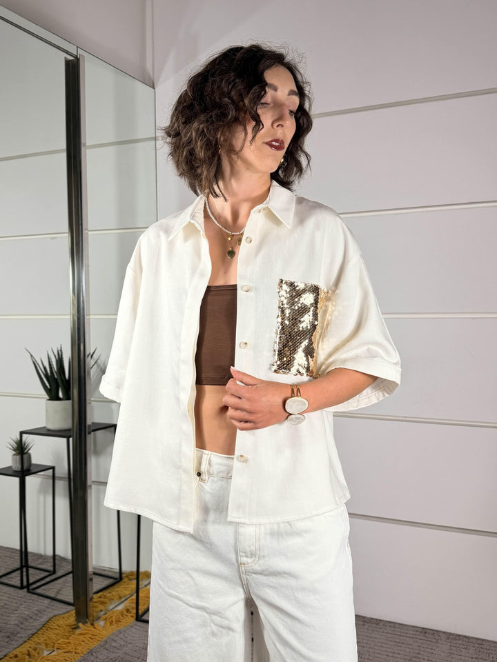 camicia bianca con tasca con paillettes oro 26C5144ORO/BIANCO TENSIONE IN
